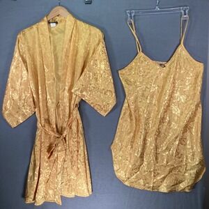 Kristine Tyler Intimates Gold Floral Lace Robe & Slip Dress Set One Size Vintage